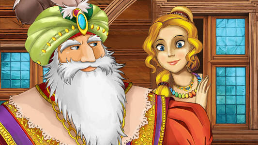 卡通场景与王子或旅行者在外面看公主在窗口插图为儿童