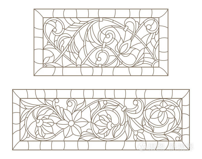 设置彩色玻璃与抽象漩涡和鲜花，水平方向的轮廓插图