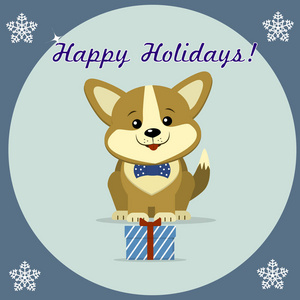 圣诞贺卡与可爱的小狗威尔士矮脚狗戴着蝴蝶结，坐在旁边条纹礼盒，圆形框架中
