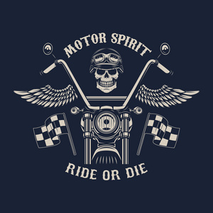 电机的精神。骑或死。摩托车用翅膀。赛车的头骨。海报 会徽 标志 徽章的设计元素。矢量图