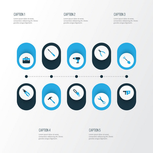 手工具彩色图标设置。锯 钳 修复和其他元素的集合。此外包括符号如仪器，维修，电