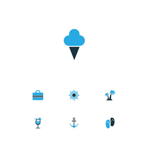 太阳多彩图标设置。冰激淋 棕榈树 行李箱和其他元素的集合。此外包括符号如帆船，船锚，阳光