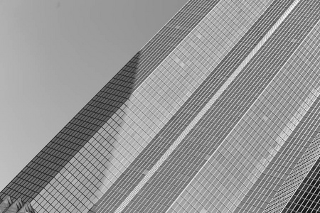 摩天大楼的玻璃外墙商务中心巴黎拉德芳斯。城市的建筑，现代化的办公大楼。用天空反射的抽象背景。经济，财政活动概念。黑色和白色