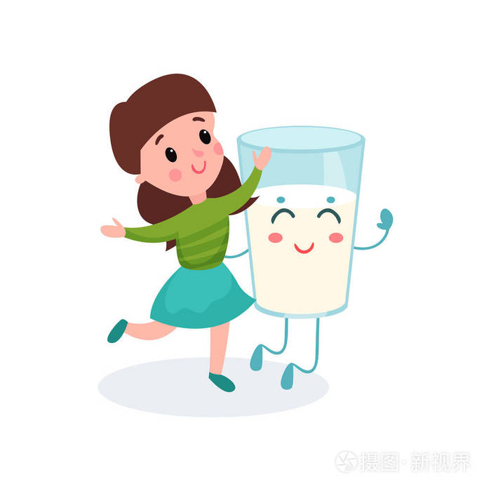 可爱的女孩玩人性化杯牛奶面带笑容的脸,孩子卡通矢量插画的健康食品