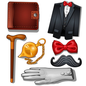 绅士贵族服装和配件钱包 晚礼服  手表 领结，胡子和手套。孤立在白色背景上的七个项目的一套。卡通风格的矢量图
