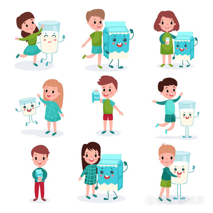 快乐的男孩和女孩玩人性化框和牛奶杯子设置,孩子卡通矢量插图的健康