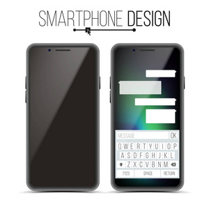 智能手机样机设计矢量。黑色现代时尚手机前视图。白色背景上的孤立。逼真的 3d 图