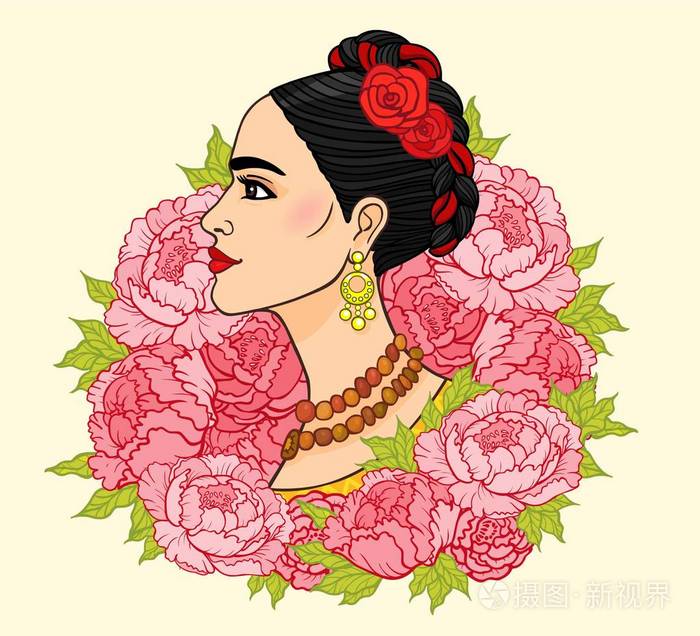 美丽的墨西哥女人古代的发型 背景 程式化玫瑰的画像 波西米亚风格别致 族裔 复古 孤立的矢量图 打印 海报 T 恤 卡插画 正版商用图片0zkz0i 摄图新视界