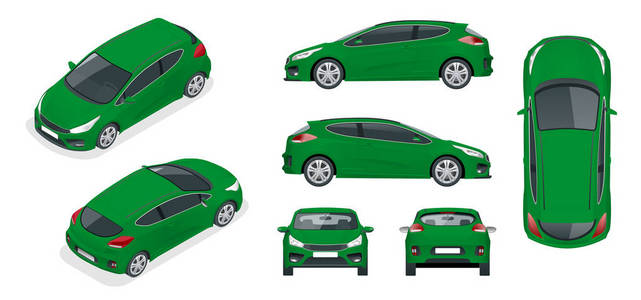 Sportcar 或掀背车。Suv 车上白色的背景下，品牌和广告模板设置。孤立对白色视图前，后方，侧，顶部和等距的模板矢量