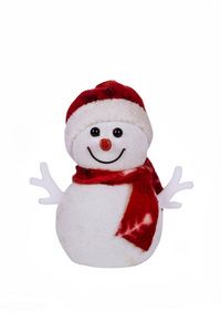 微笑雪人玩具穿围巾和孤立在白色背景上的帽