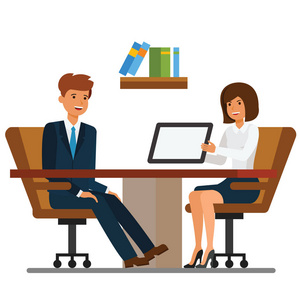 办公室卡通平面矢量插图概念孤立的白色背景上的商人和女商人讨论照片