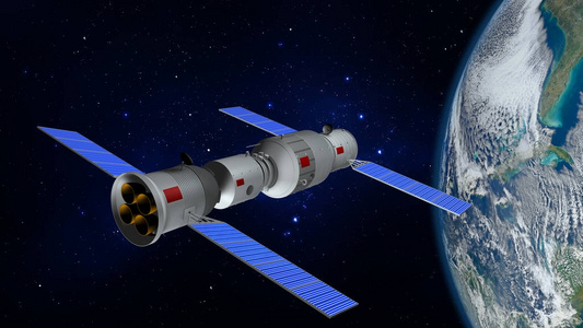 碳纳米管与地球中国空间站天宫轨道与行星地球的三维模型.3d 渲染照片