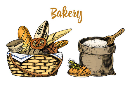 面包和长面包和糕点。刻的手绘在旧素描和复古样式标签和菜单。各式各样的面包店。有机的背景。用面粉袋或装着食物的篮子