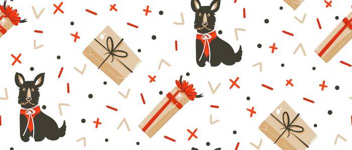 绘制的矢量抽象有趣圣诞时间卡通插图无缝模式与复古圣诞礼品盒可爱有趣哺乳动物犬隔离在白色背景的手