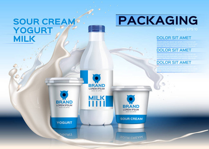 牛奶瓶模拟现实的向量。酸奶和酸奶产品。3d 的包装标签设计。牛奶溅背景