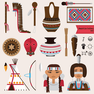 矢量集与美国原住民印第安人家庭用品对象 乐器和配件。陶器 地毯 帐篷 假面面具和更多