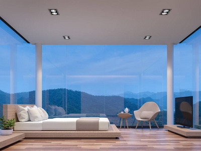 晚上现场玻璃房子卧室与山景 3d 渲染图像