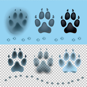 狗套爪子打印平图标为动物的应用程序和网站。在雪地上的足迹。您的图形设计的的模板。矢量图。透明和光的蓝色背景上孤立