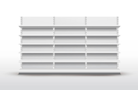白色的空的货架。零售货架。展示活动，展示。样机模板准备好您的设计。矢量图。白色背景上孤立