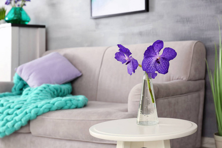 在现代室内的丁香口音。用鲜花和舒适的沙发在客厅里的表