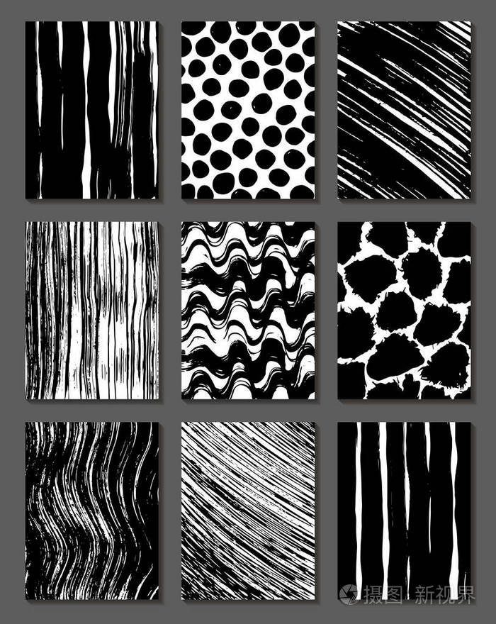 设置在黑色和白色的混沌的纹理.带,斑点,波.在一种风格卡片.手绘.