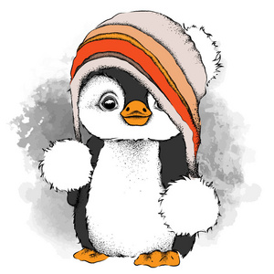 帽子里的卡通企鹅圣诞节和新年设计的特点。矢量插图