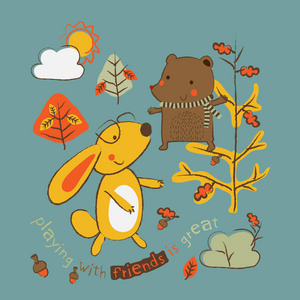 两只小动物正在森林中玩耍/儿童和婴儿可编辑矢量艺术品设计/t恤图形