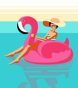 快乐微笑的年轻女孩在泳衣, 眼镜和帽子坐在一个充气的粉红色火烈鸟在游泳池。复古风格。流行 art。夏天的概念。矢量插图