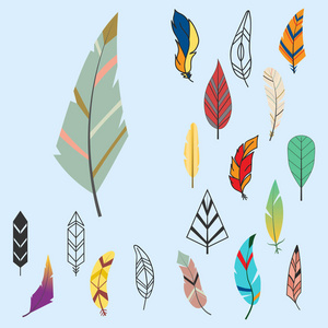 部落平羽毛不同风格鸟老式多彩民族手工绘制的元素装饰绘图自然羽毛画矢量图