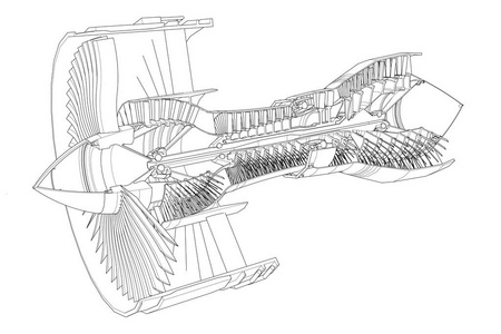 涡轮喷气发动机的飞机。矢量线图