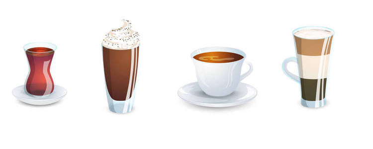 一组在白色背景下被隔离的各种热饮的杯子。咖啡和茶。矢量插图