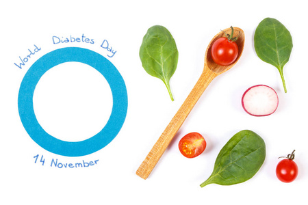 世界糖尿病日和新鲜的蔬菜，在白色背景上的象征