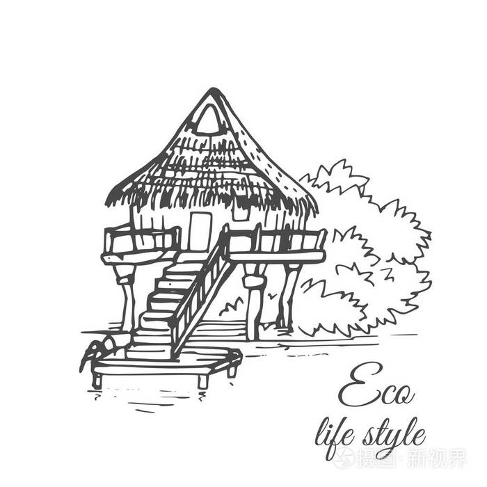 一个木制的房子放在水用茅草的屋顶和长长的楼梯的素描风格插画-正版
