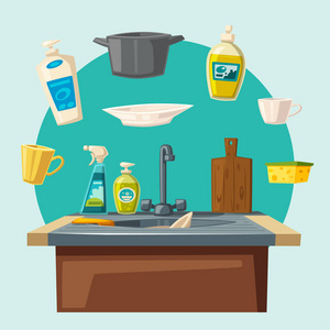 洗碗和清洗用肥皂洗涤槽和海绵.卡通矢量图照片
