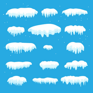 雪帽，雪球，雪堆，冰冷的冰柱套。雪帽矢量集合。冬天下雪天元素蓝色背景，透明效果。卡通模板。降雪和运动矢量的雪花