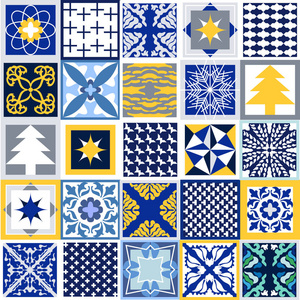 几何的圣诞背景。设置不同的装饰物的瓷砖
