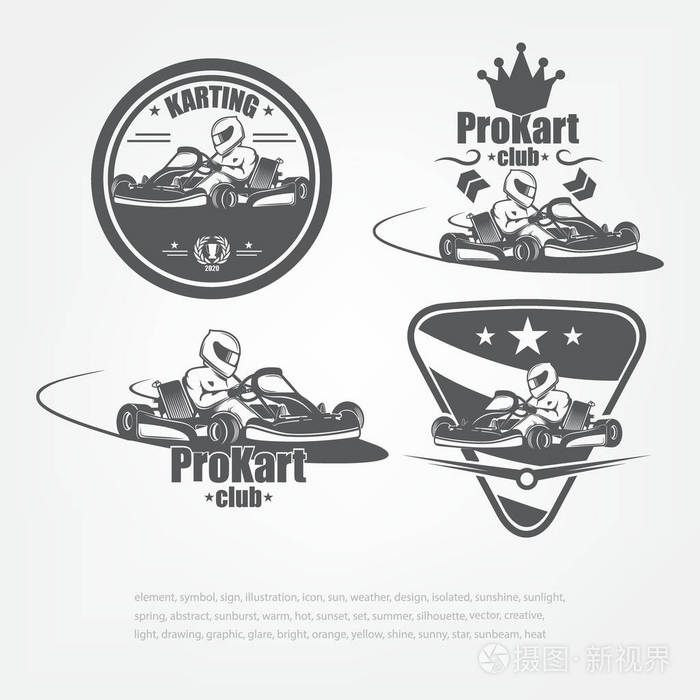 设置在卡丁车标志.矢量插图.头盔里的赛车手体育俱乐部