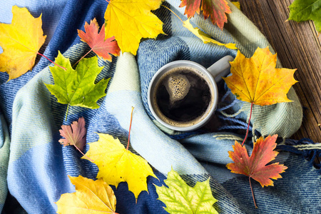 静物一杯咖啡和秋叶格子