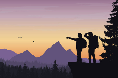 矢量图的山地景观与森林和两名游客，男人和女人背着背包显示他的手，并看着下橙色的天空黎明与飞鸟的距离