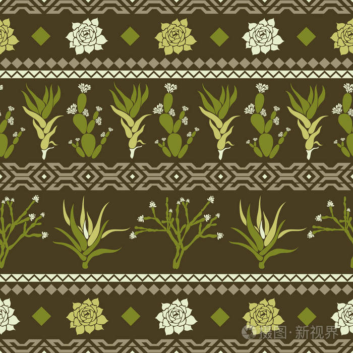 仙人掌, 多肉植物与形式的菱形,三角形的几何形状的无缝模式.矢量图