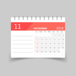 11 月 2018年日历。日历策划设计模板。周 s