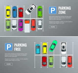 矢量图市停车场与一组不同的汽车。公共停车场。Web 的的平面插画。城市交通。大量的汽车在一个拥挤的停车场