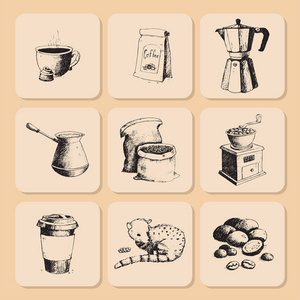 咖啡生产手工绘制的豆老式绘图喝复古咖啡馆集合素描甜点矢量图