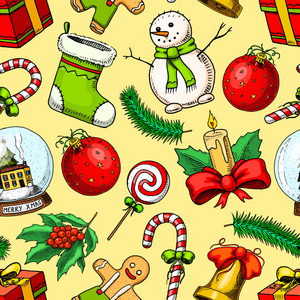 刻在旧的素描和老式风格的标签手绘。圣诞快乐, 新年珍藏。冬季节日装饰。无缝模式, 雪人和铃铛, 礼物和棒糖球, 雪球