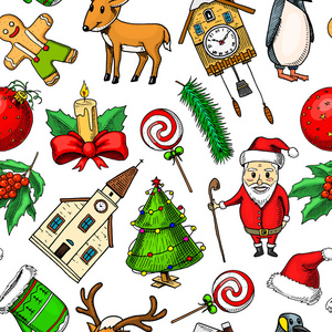 刻在旧的素描和老式风格的标签手绘。圣诞快乐, 新年珍藏。冬季节日装饰。无缝模式, 树和圣诞老人 Clausl, 礼品和棒糖