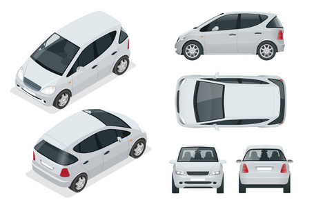 小的紧凑型电动汽车或混合动力汽车。环保型高科技汽车。容易的颜色变化。孤立对白色视图前，后方，侧，顶部和等距的模板矢量