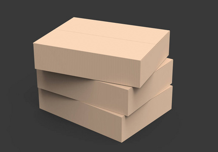 三个浅棕色平面3渲染纸盒堆叠孤立的黑暗背景左倾斜