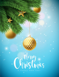 矢量圣诞插画与观赏球和松枝上闪亮的蓝色背景。元旦快乐字体设计的贺卡，海报，横幅
