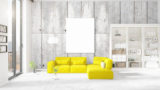 在黄色的沙发，垂直的空框架和 copyspace 水平排列在时尚的现代室内。3d 渲染