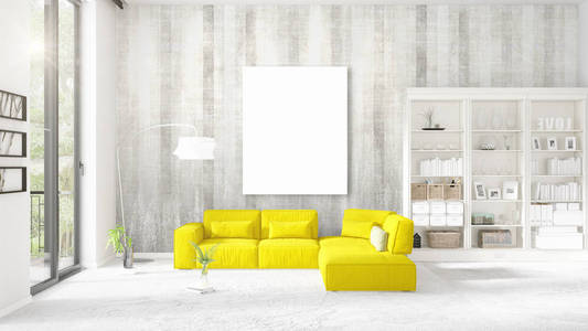 在黄色的沙发，垂直的空框架和 copyspace 水平排列在时尚的现代室内。3d 渲染